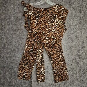 Leopard Print 2 Piece Set One Shoulder Crop Top and Wide Leg Pants Brown Small